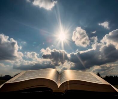 Open Book Bible on wood background outdoor God's promises in daily life, generate ai