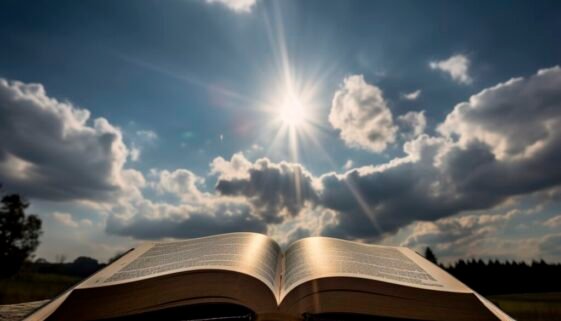 Open Book Bible on wood background outdoor God's promises in daily life, generate ai